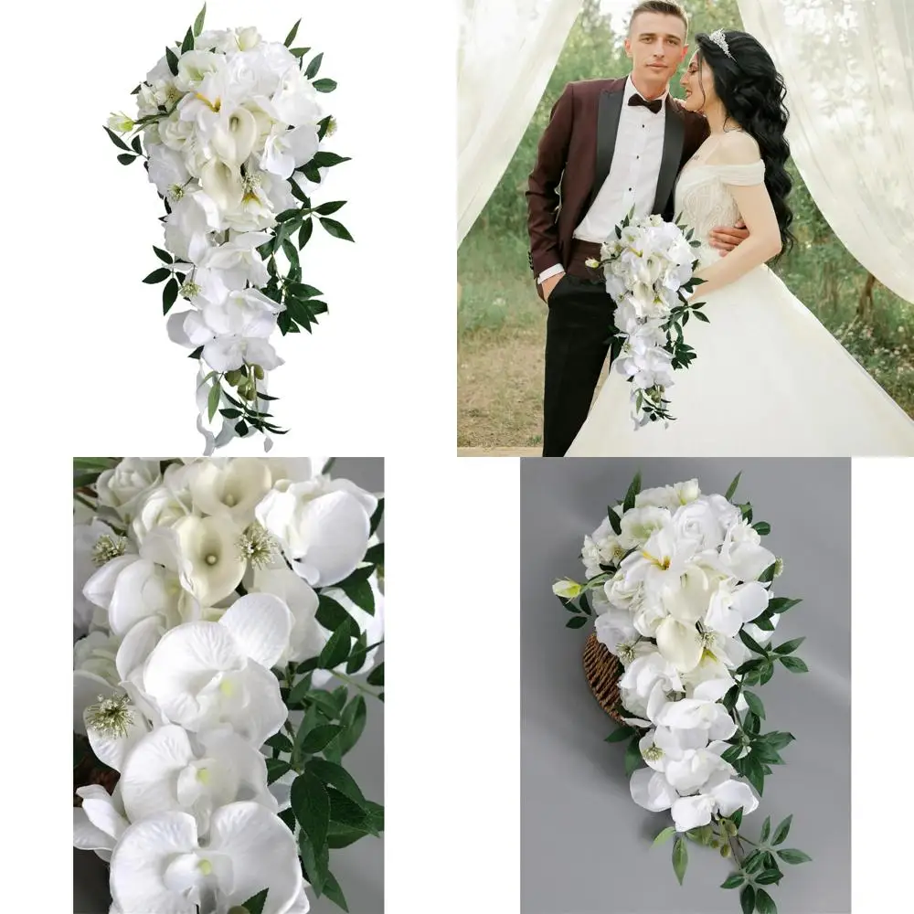 

Elegant 9.8 White Artificial Calla Lily and Rose Cascading Bouquet with Water Drop Details
