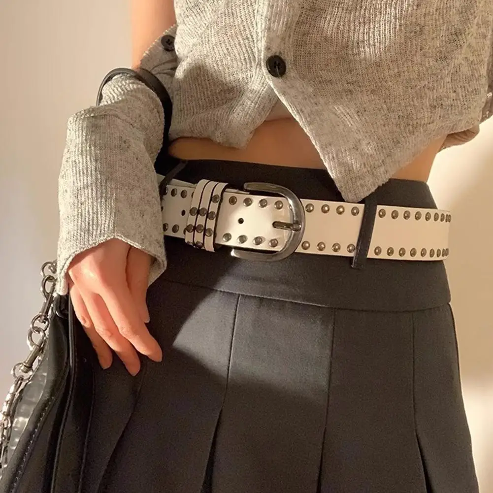 حزام عريض فاسق مع ترصيع دائري للرجال والنساء، حزام جلد البقر الغربي العتيق للجينز، حزام ريترو بانك روك القوطي #3