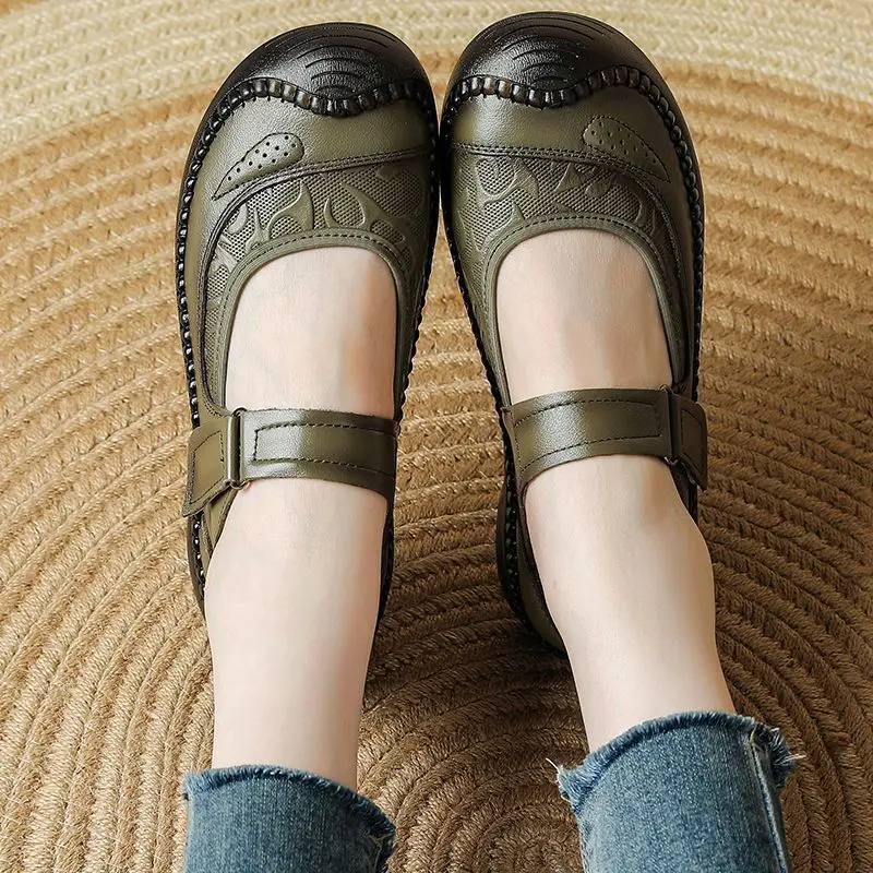 

New antique green mary jane flats ladies comfortable semi-season shoes grandma flats women's vintage moccasins woman new loafers