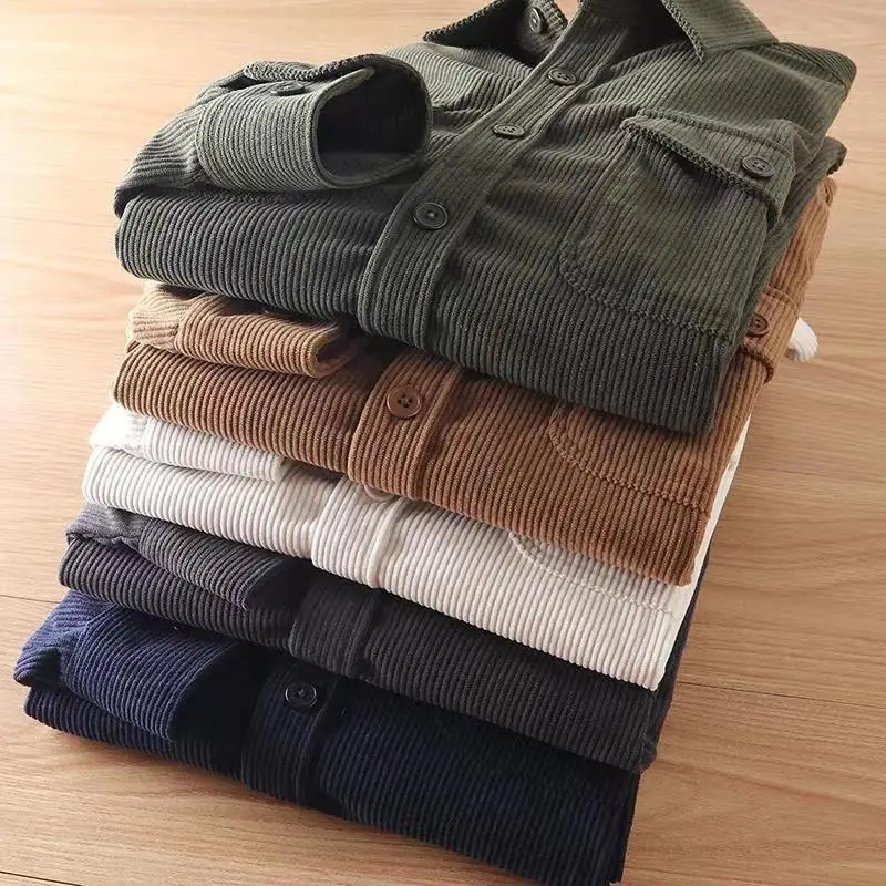 

Vintage Men Corduroy Shirt Autumn Winter Thickened Long Sleeves Double Pockets Tops Solid Color Fashion Casual Shirts Streetwear