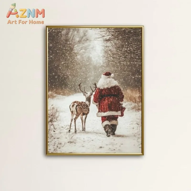 Santa Claus Reindeer Wall Art Print, Forest Snowfall in Winter Prints Christmas Home Decor, Holiday Home Improvement