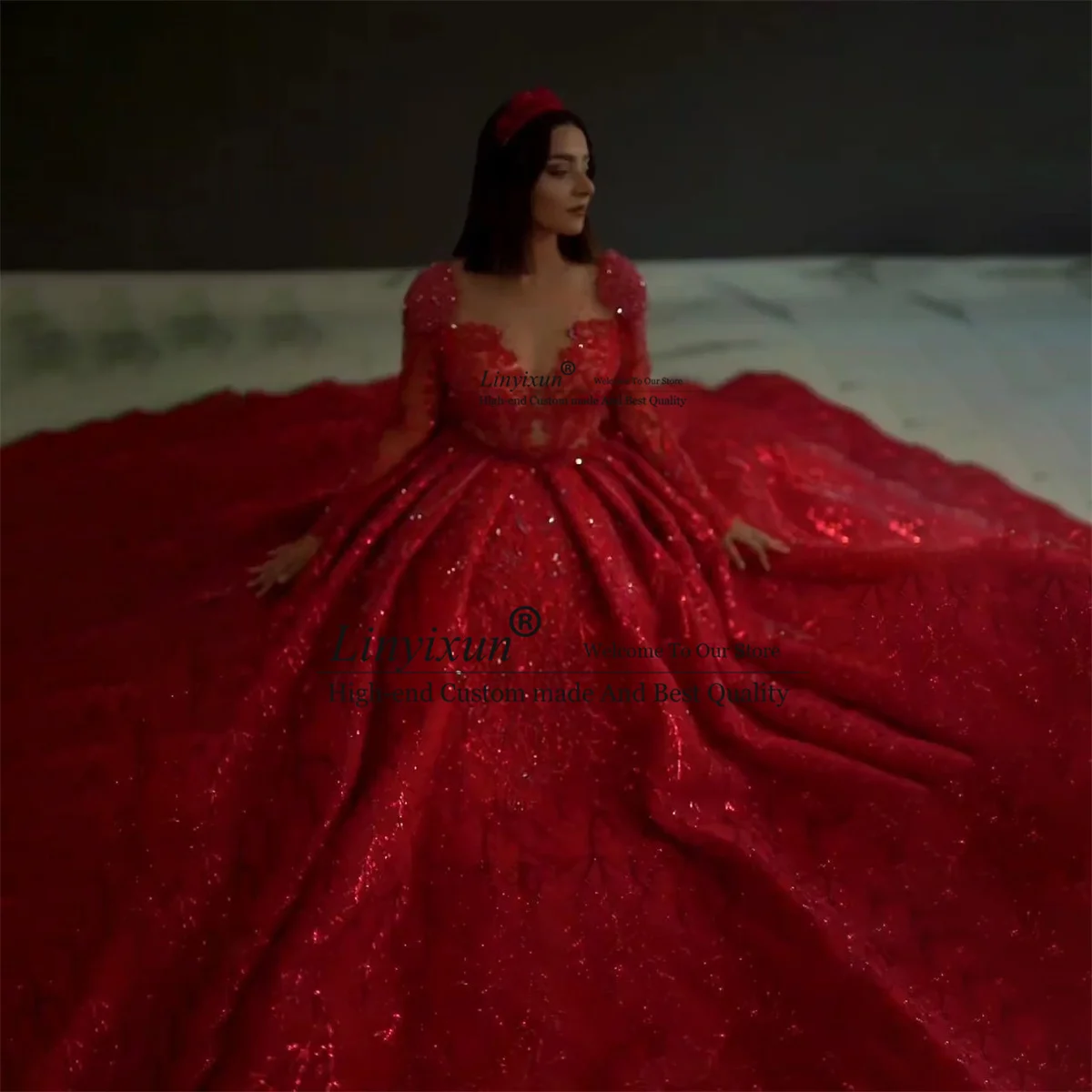 Red Ball Gown Quinceanera Dresses With Appliques Lace Birthday Sweet 16 Dress Glitter Sequins Full Sleeves Vestidos De 15 Años