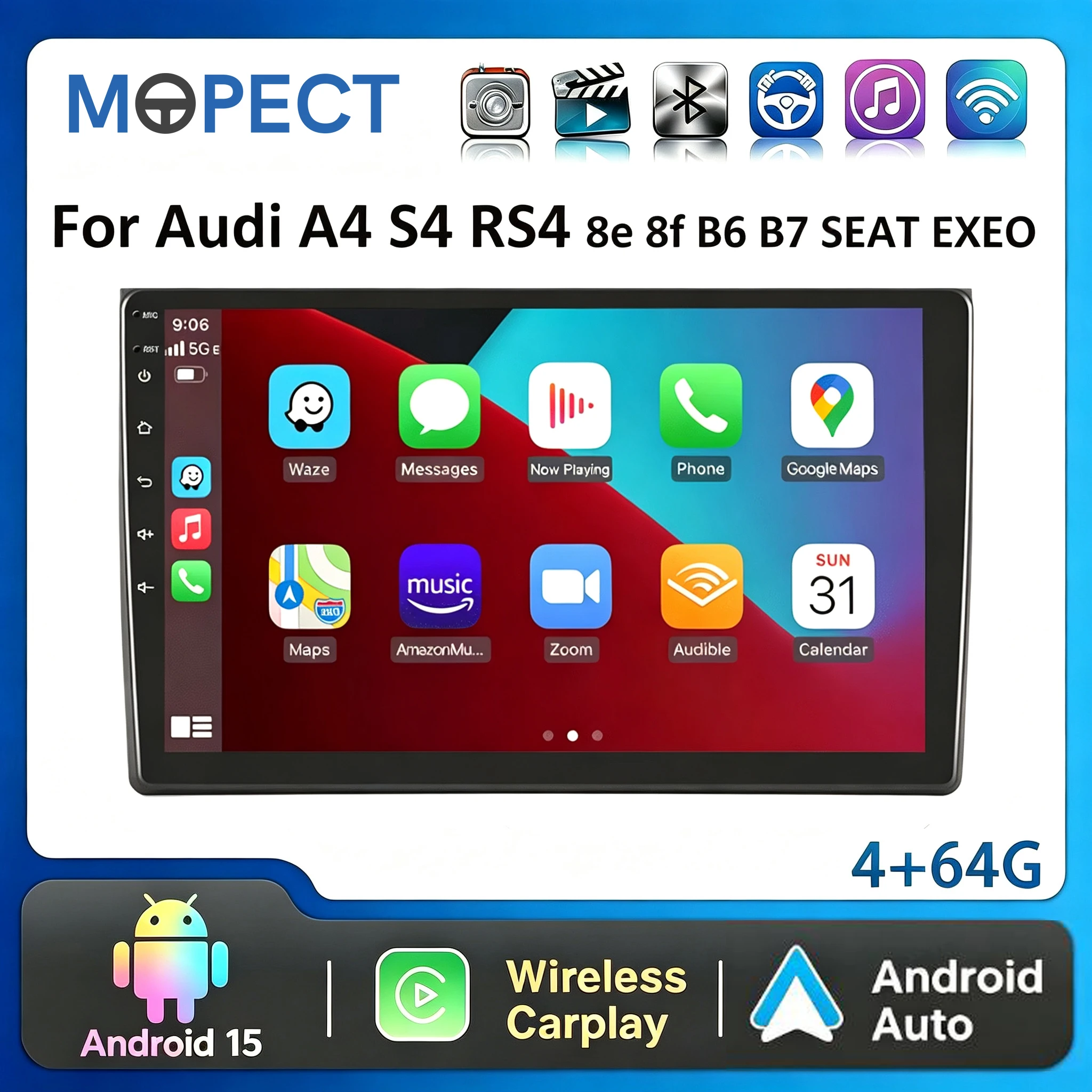 Autoradio MOPECT 9' per Audi A4 S4 RS4 8e 8f B6 B7 SEAT EXEO Android Auto CarPlay Stereo Auto GPS Lettore Multimediale Automobilistico