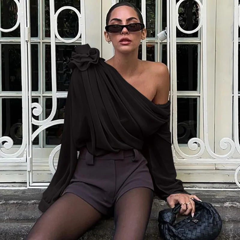 

Spring Autumn New Women's Sexy Fashion Street Style Shoulder Slanting Chiffon Slim Fit T-Shirt Top Women Long Sleeve Streetwear