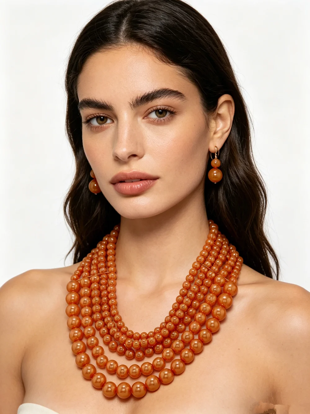 Handmade Beaded Faux Pearl Multi-Layer Necklace Jewelry Set with Matching Earrings for Ladies Elegant Festive Accessory