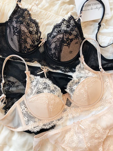 New Women Lingerie Set Sexy Lace Push Up Bra French 3/4 Thin Cup Bralette Cute Bow Decoration Underwear Comfort Bras Briefs Sets 3