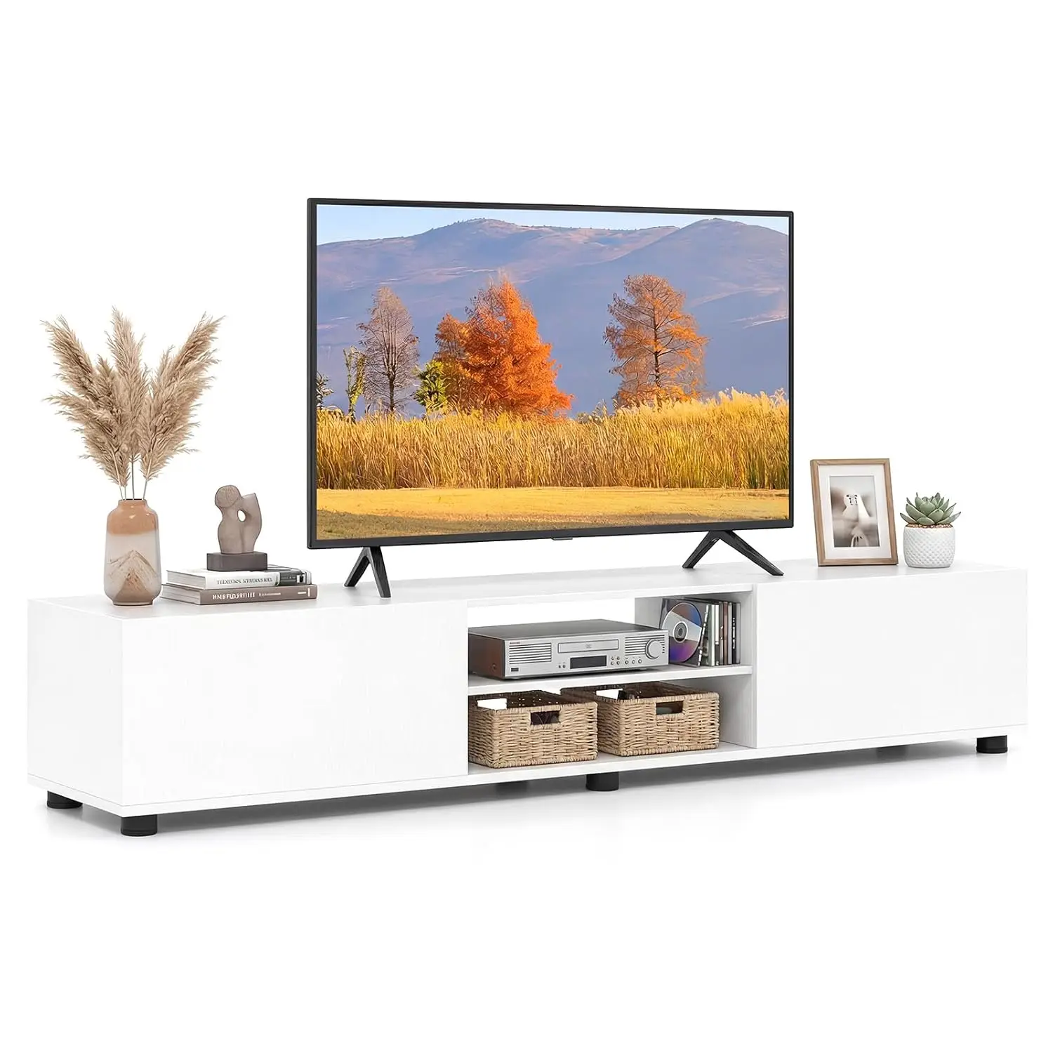 

2-Tier Open Storage TV Stand With 2 Cabinets For Living Room & Bedroom, Fits Up To 70 Inch TV, White, Customized