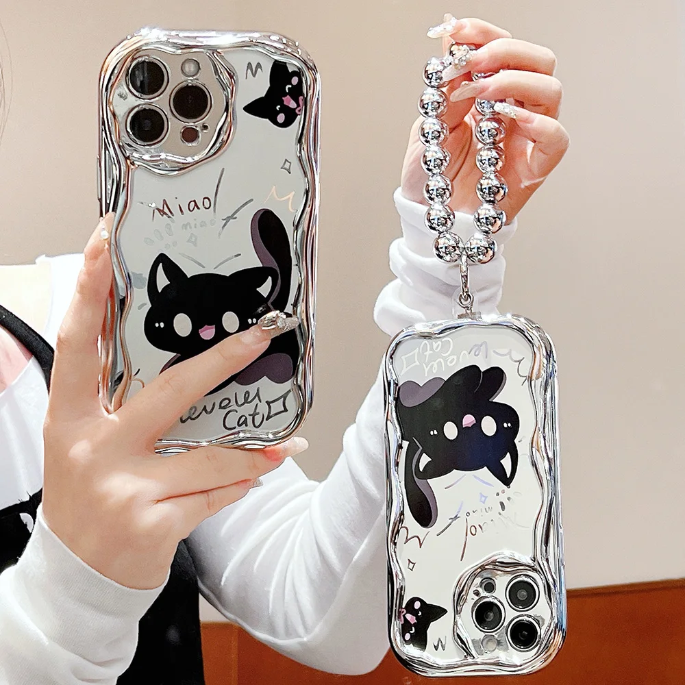 Bead Bracelet Chain Phone Case For iPhone 15 14 13 12 11 Pro Max 14 15 Plus XS Max XR Cute Cat Luxury Plating Silver Cover