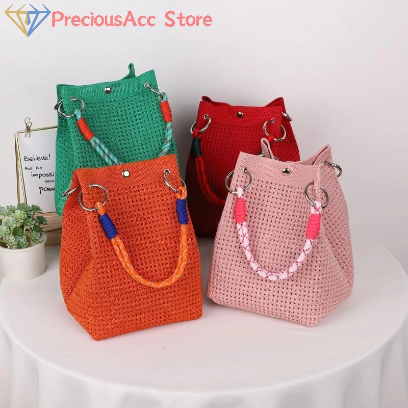 1PC Mini Knitted Bucket Bag Geometric Colorblock Wristlet Purse Detachable Handle Small Handbag for Daily Outings Shopping