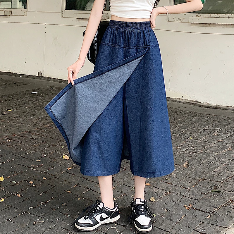 

High Waist Wide Leg Jeans Casual Summer New Sle plus Size Women's Faion Ba Slit Denim Skirt Pants Versatile Autumn Nine...