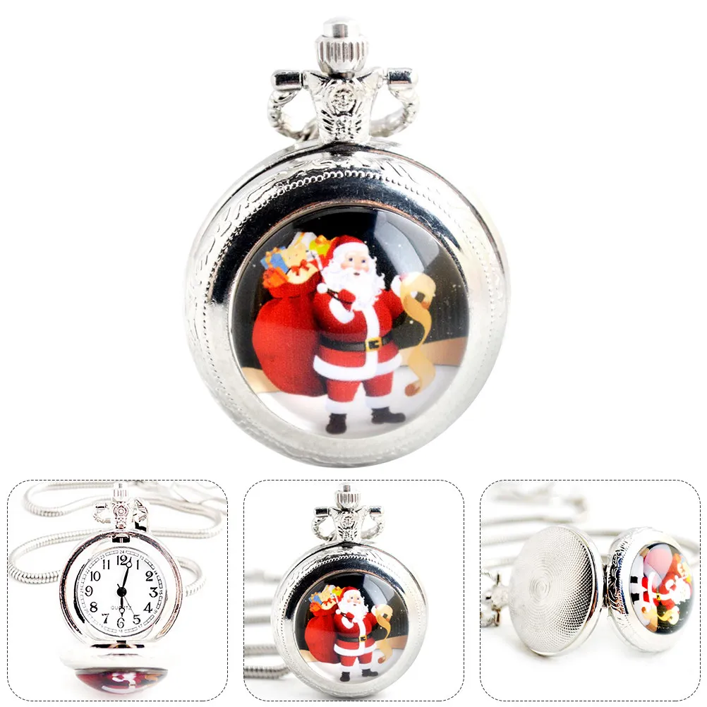 

1Pcs Retro Pocket Watch with Chain Hanging Quartz Watch Christmas Theme Sturdy Zinc Alloy Fashion Timepiece for Adults