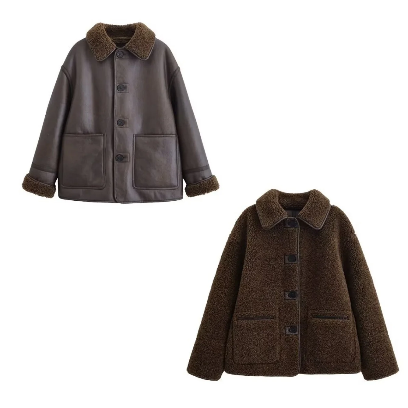 

Women Autumn Winter Leatherette Jacket Female Double-Sided Coat Lady Single Breasted With Pockets Long Sleeved Jacket Streetwear