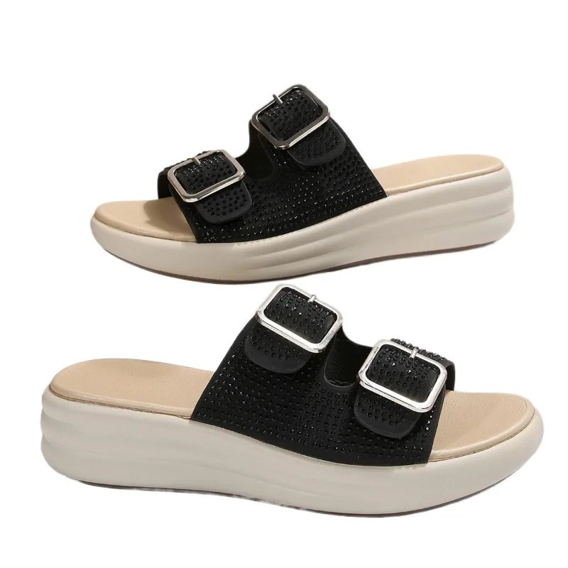 

2026 New Fashion Women Rhinestone Thick Bottom Belt Buckle Slipper Female Casual Wedges Indoor Outside Wear Hollow Beach Slides