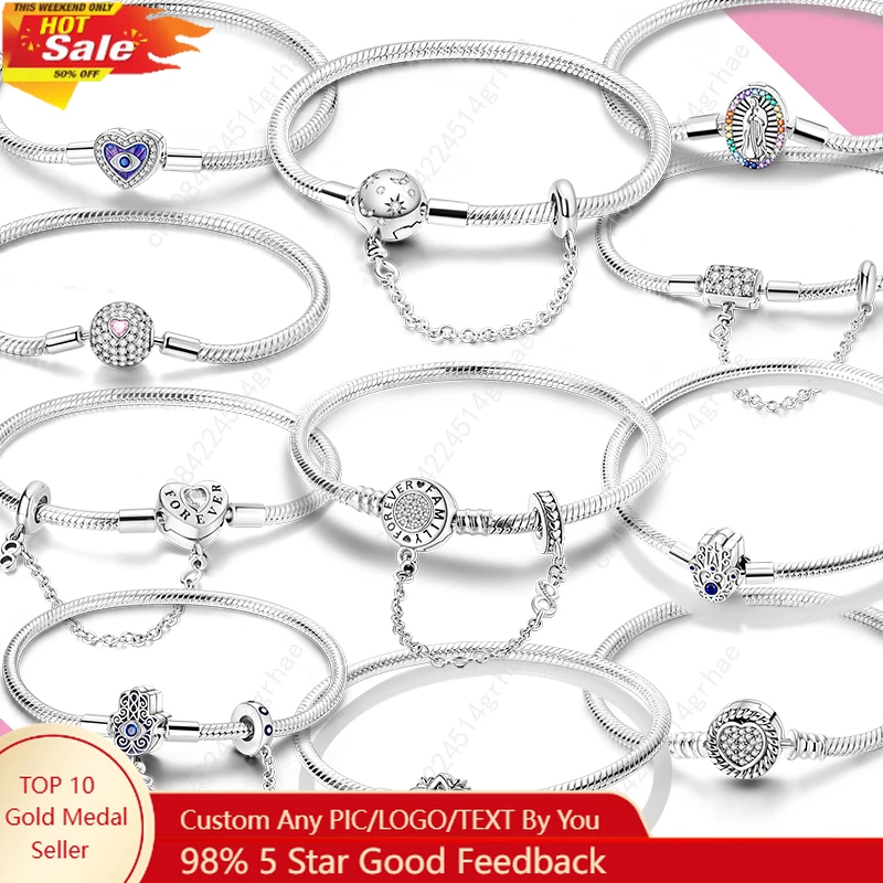 

925 Silver Original Snake Chain Clasp Bead Bracelets Fit Charms DIY Jewelry For Women