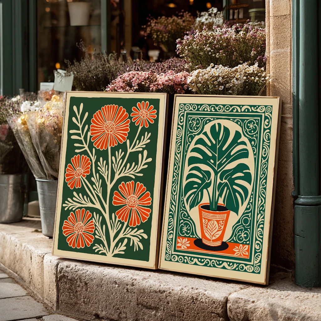 Vintage bohemian tropical plant art print, poster on canvas for bedroom, living room, kitchen