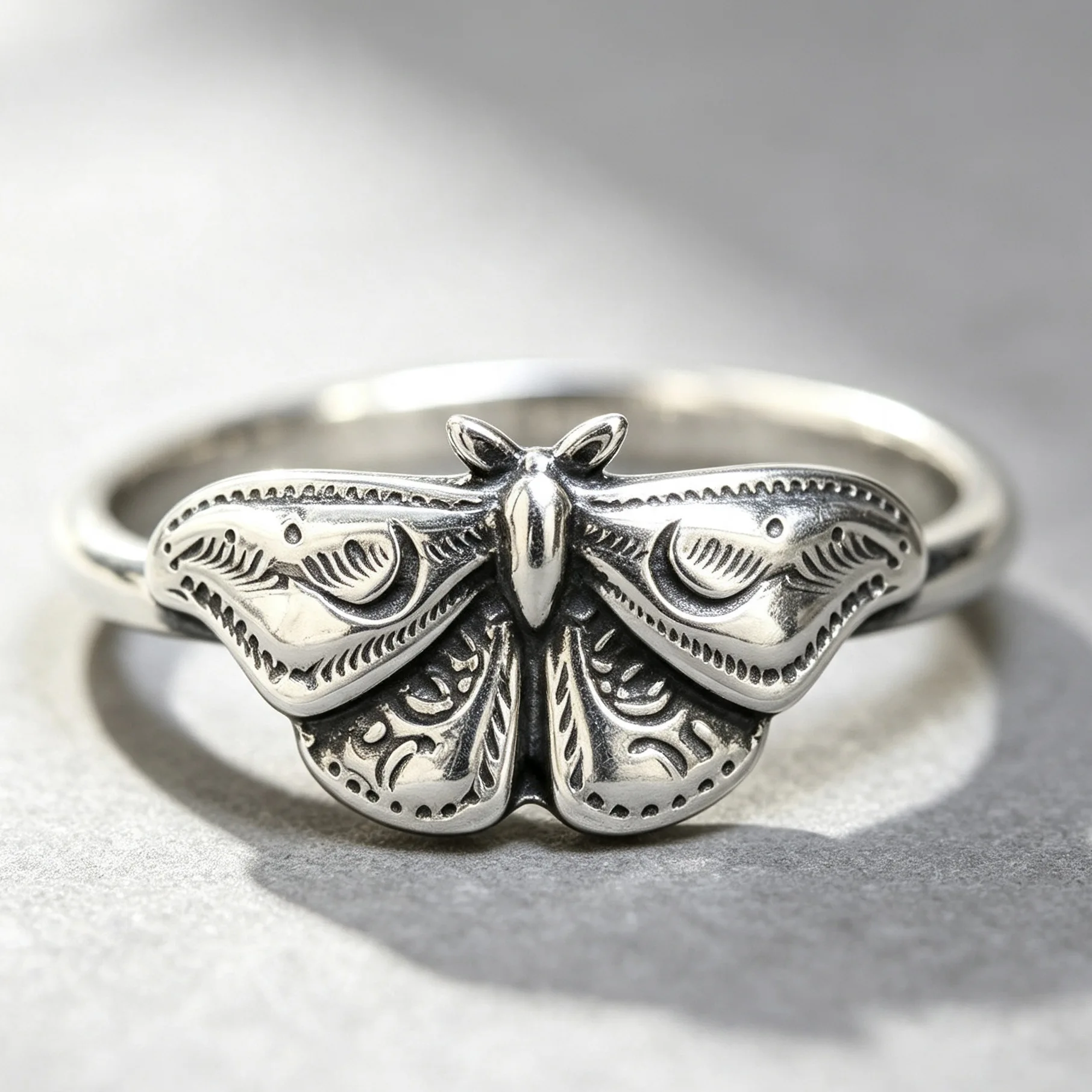 Vintage Death Moth Statement Ring, Retro Engraved Luna Moth Ring, Gothic Insect Stack‑able Jewelry, Unique Gift for Women Men