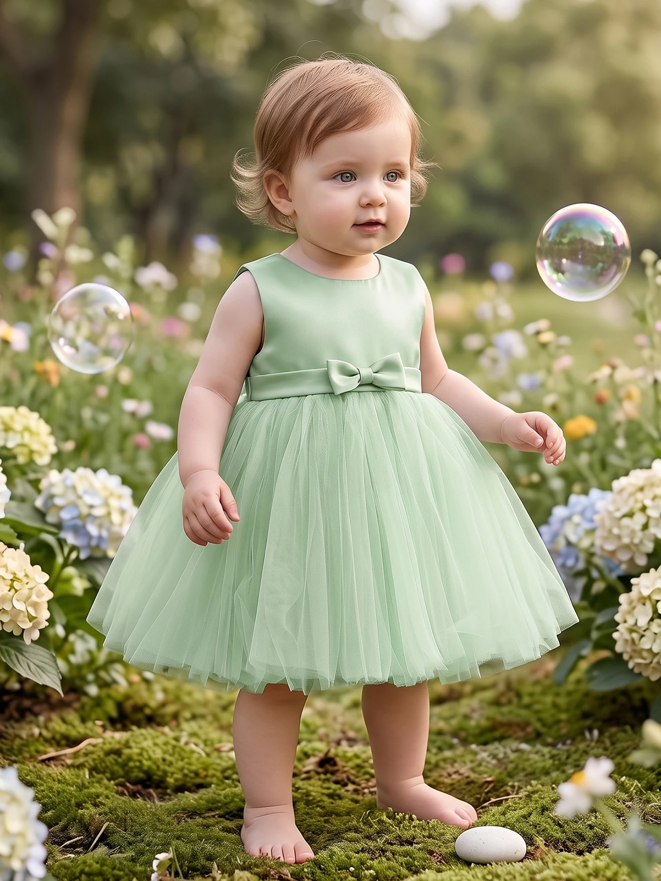 Baby Girls Light Green Flower Girl Dress Sleeveless Bow Sash Tulle Skirt Spring Summer Wedding Birthday Party Garden Celebration