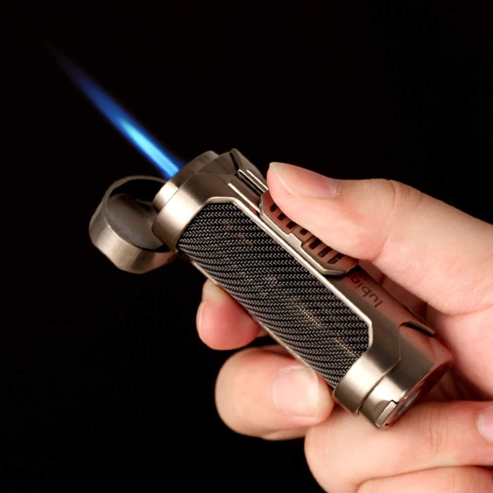 LUBINSKI Lighter Butane Gas 1 Torch Blue Flame Jet Lighters With Cigar Holder Cover Metal Luxury Smoking Cigar Lighter