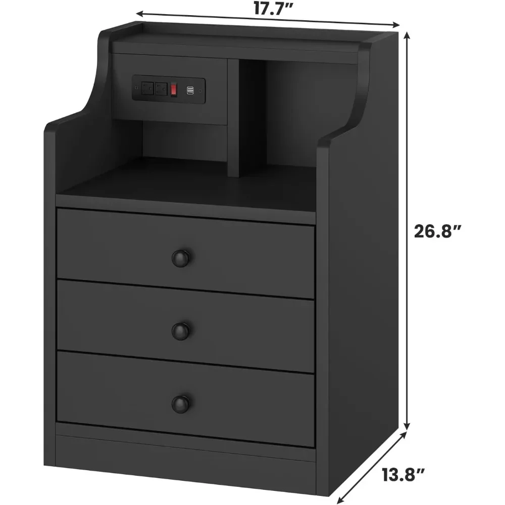 

Black Nightstand with Charging Station 3 Drawers, Wood Sofa End Side Table with USB Ports and Outlet, Bedside Table Bedroom Nig