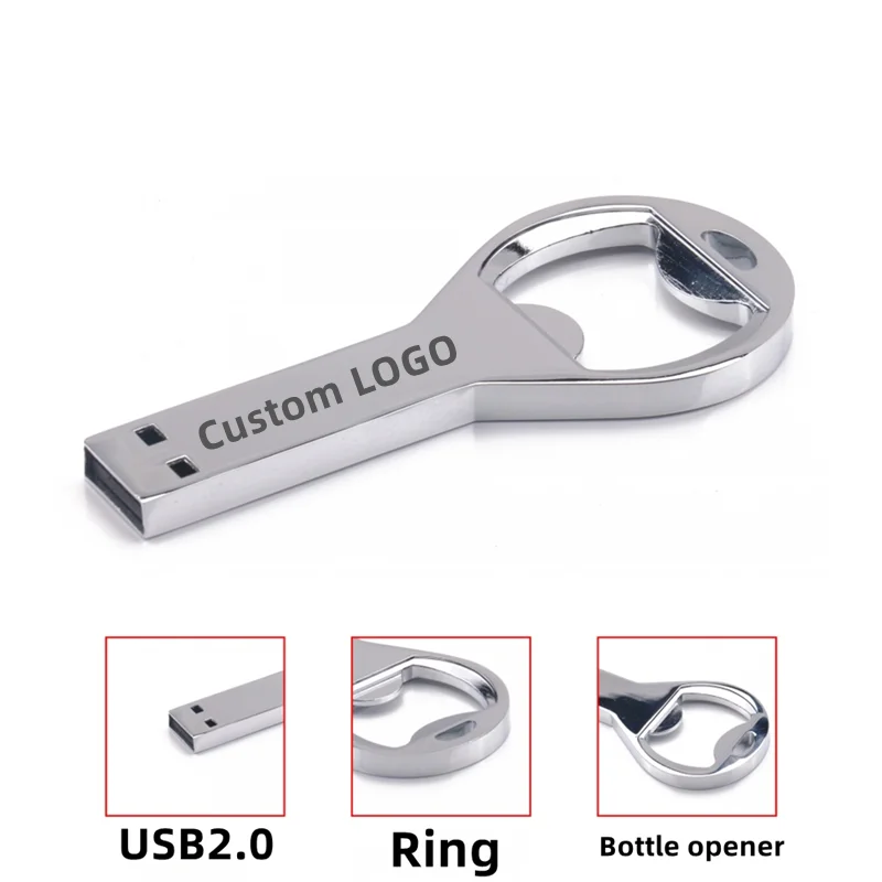 Free Custom Laser Engraving LOGO Silver Metal Bottle Opener USB2.0 Flash Drive 4GB 8GB 16GB 32GB 64GB 128GB Memory Stick