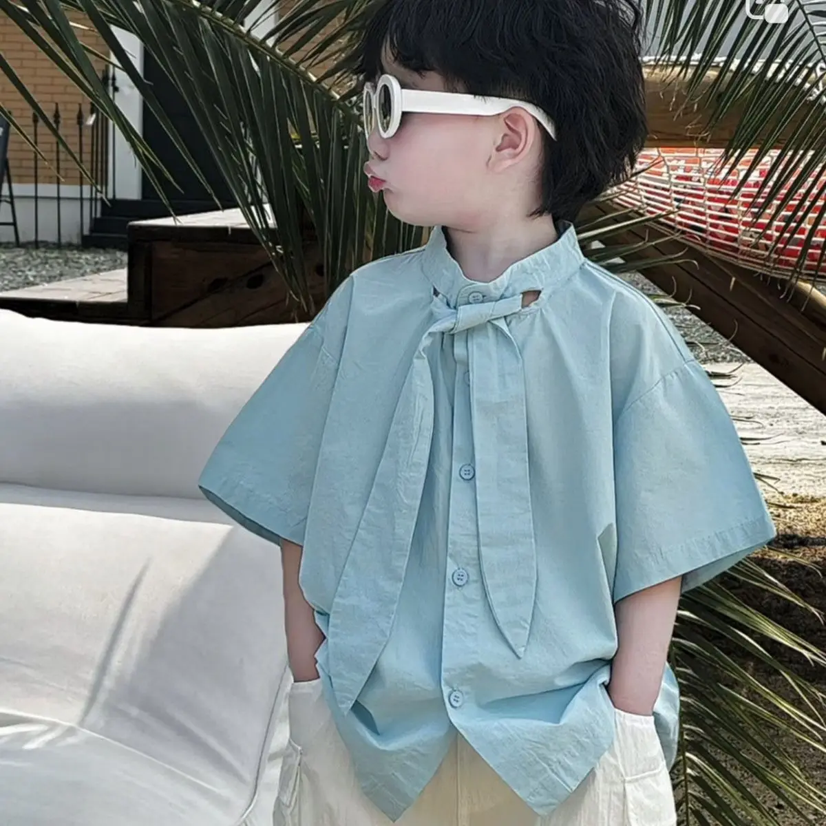 Boys Suit 2026 Spring and Summer New Childrens Wear Boys Baby Fashion Fresh Tie Shirt Seven Division of Labor Pants Two Sets