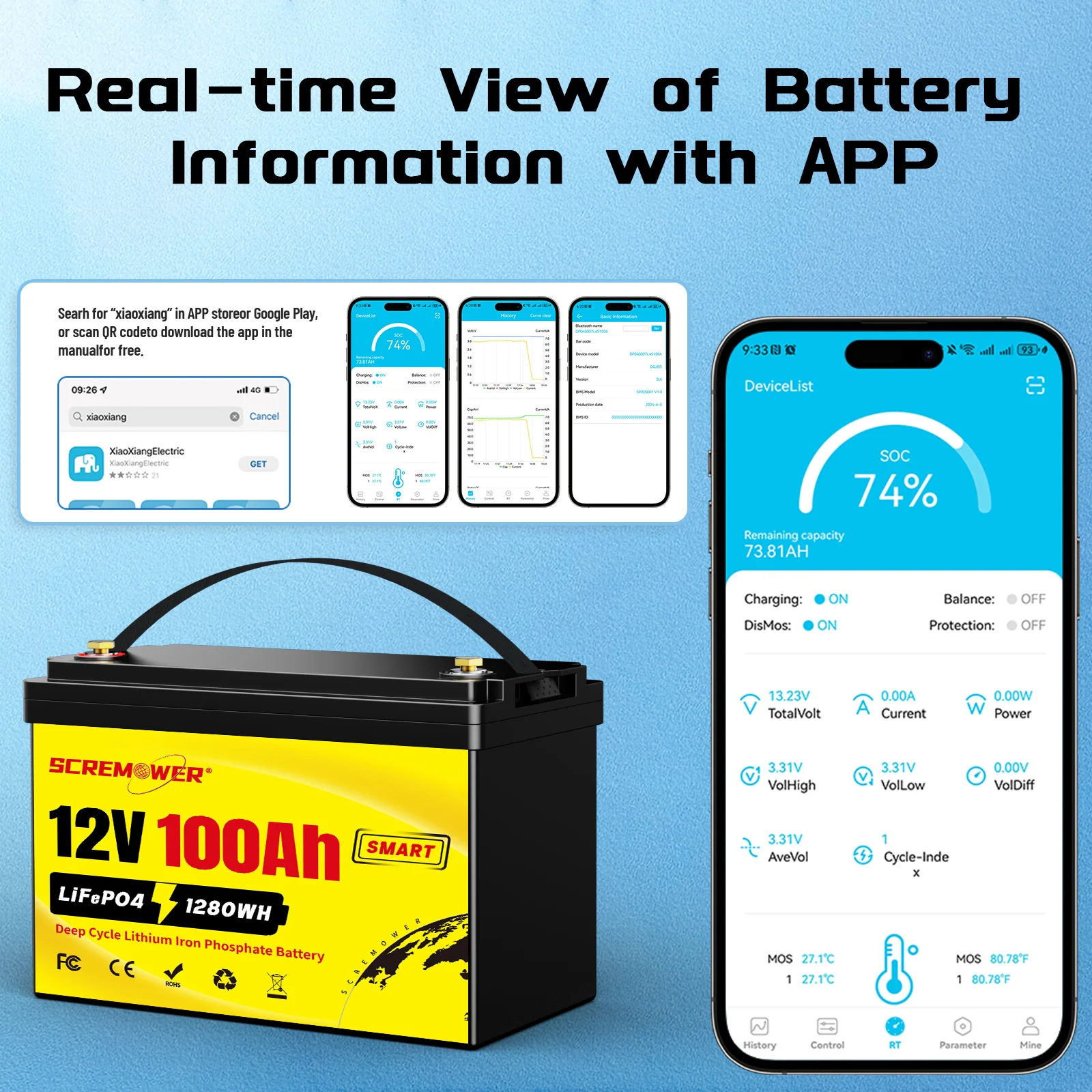 12V 100Ah LiFePO4 Lithium Battery with Bluetooth BMS 1280Wh Rechargeable Batteries Power Bank for Camper Marine Boat RV Solar