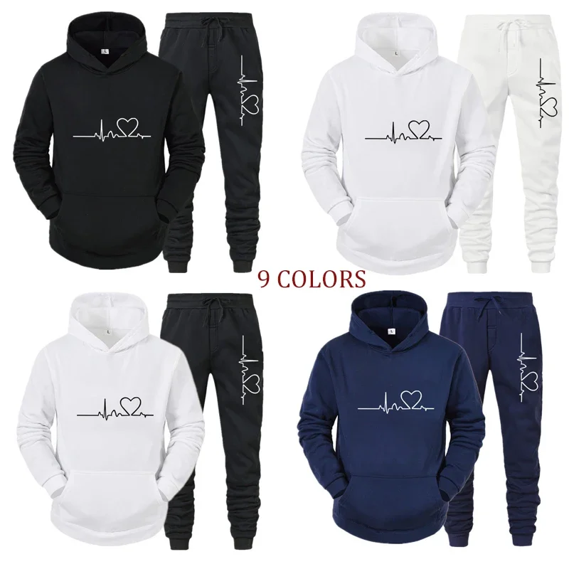 

2PCS Sets Hoody Tracksuit Women Autumn Love Printed Sports Sweatshirts Pullover Joggers Sweatpants Outfits Unisex