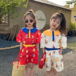 Summer Kids Girls Cartoon Print Shorts 2PCS Kids Lapel Contrast Set Boys Clothes