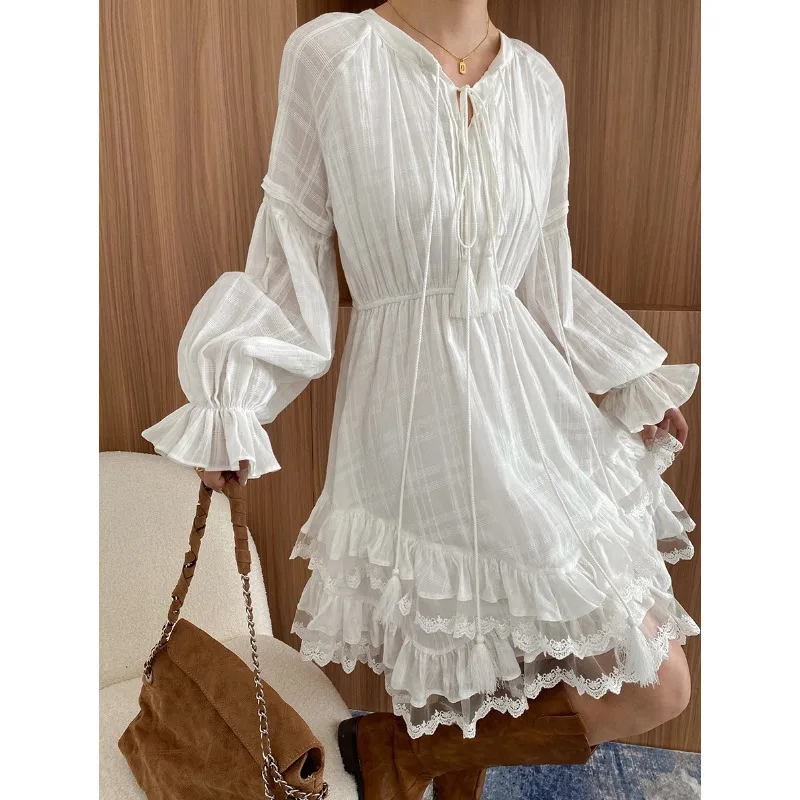 Francês vintage branco solto mini vestido feminino primavera outono férias cinto gravata irregular manga longa em camadas casual senhoras vestido novo