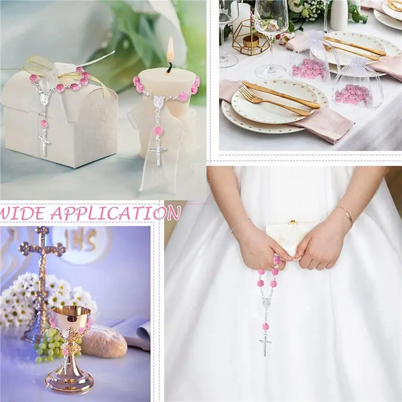 60 Pieces Baptism Rosary Mini Rosary Baptism Favors Finger Baptism Rosaries Rose Shaped Beads With 60 Organza Bags