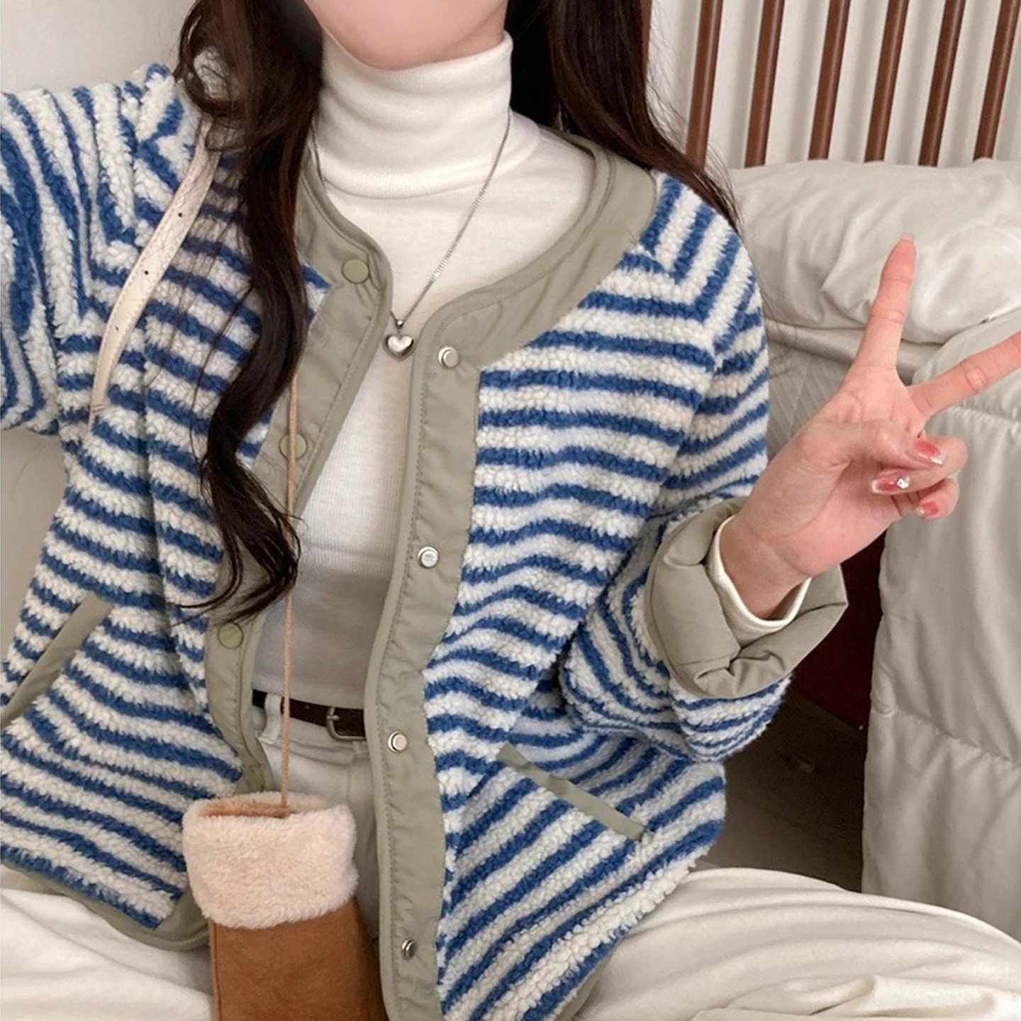 

Retro Double-Sided Wear Striped Lamb Fur Cotton Jaet Women's Loose Cotton Clothes Winter New Sle Age-Defng Personali