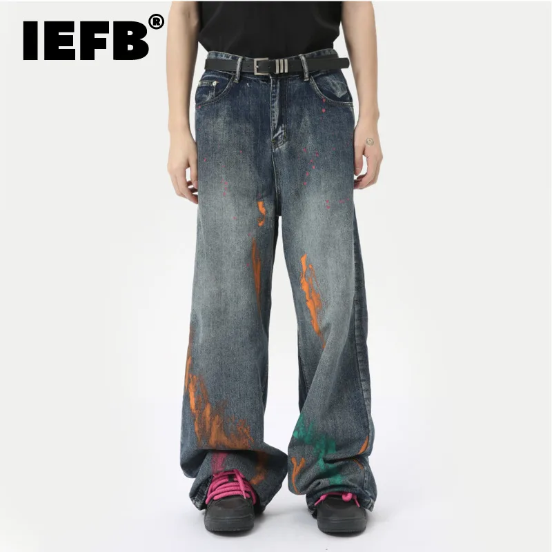 

IEFB Niche Design Men's Casual Denim Pants Graffiti Summer Straight Wide Leg Loose Male Trousers New Fashion 2024 9C6305