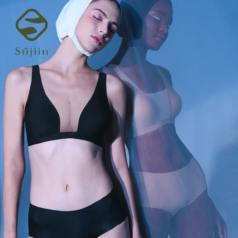 SUJIIN Sexy Push Up Transparent Bras for Women Seamless Wireless Padded Invisible Ladies Bra Deep Plunge Female Underwear MX125