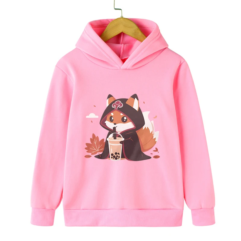 3-12 Years Old Children\'s Fox Bobo Tea Hoodie Kids Cartoon Style Clothing Long Sleeve Lovely Animal Milk Boy Girl Sweatshirt