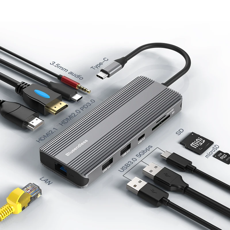 Blueendless Usb C Hub 10พอร์ตฟังก์ชั่น4K120Hz จอแสดงผลประเภท C แท่นวางมือถือ Ethernet Adapter USB 3.0 HUB สำหรับแล็ปท็อป