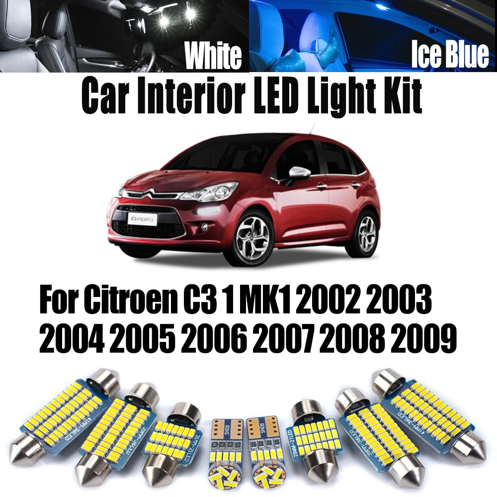 

10 шт. комплект светодиодного внутреннего купольного освещения Canbus для Citroen C3 1 MK1 2002-2005 2006 2007 2008 2009 лампы для номерного знака багажника автомобиля