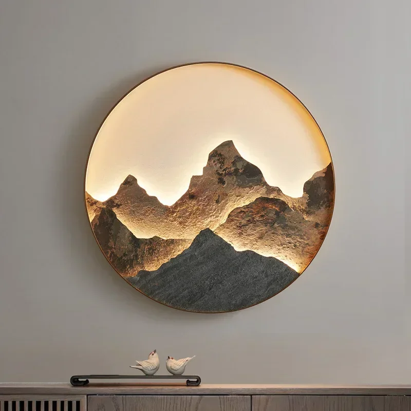 Modern Landscape Lamp TV Background Wall Mural Lamp Luxury Mural Light Chinoiserie Zen Porch Lamp Round Living Room