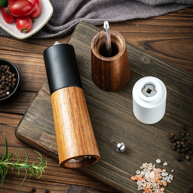New Manual Salt Pepper Grinder Sets Solid Wood Spice Pepper Mil Adjustable Ceramic Grinder Kitchen Salt Spoon Pepper Grinding