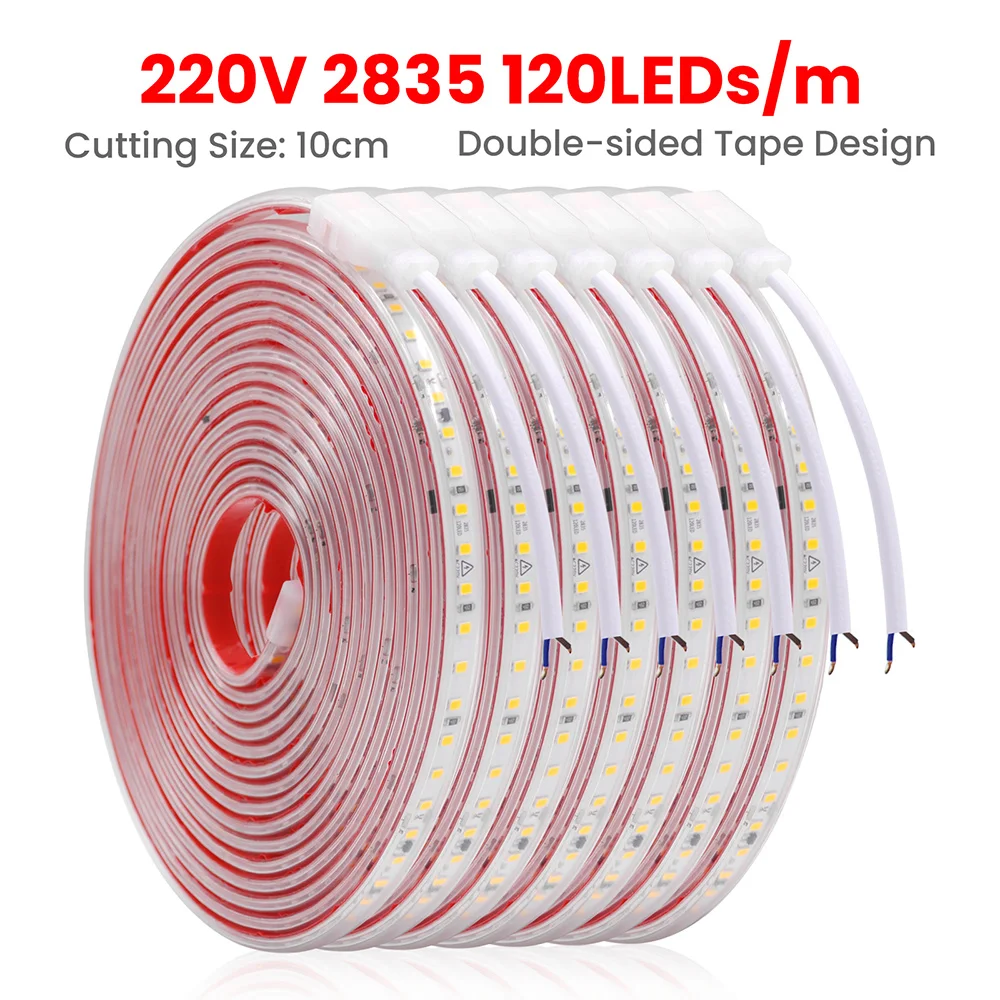 220V 2835 LED Strip Light with 2pin Wire IC 120LEDs/m AC 220 V Volt High Brightness Lighting Flexible Led Diode Tape Waterproof