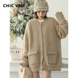 CHIC VEN Korean Fashion New Year Knit Vintage Loose Contrast Quilted Sweater Knitwears Female Tops Woman Autumn Winter 2024