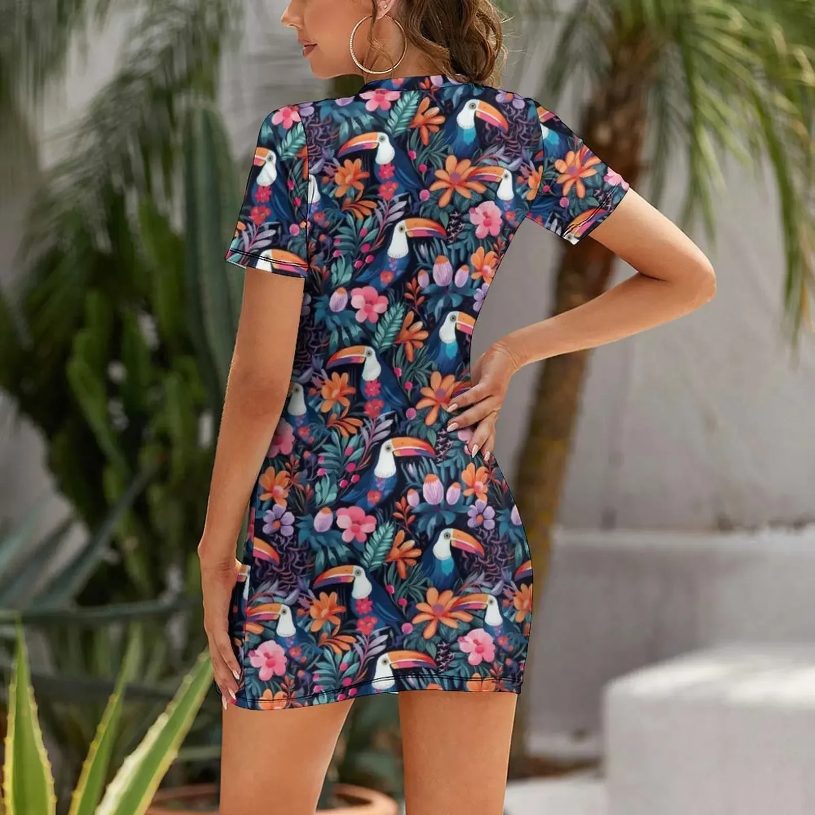 Tropical Toucan and Floral Pattern Short-Sleeved Dress dress for women summer party dresses women evening dress woman