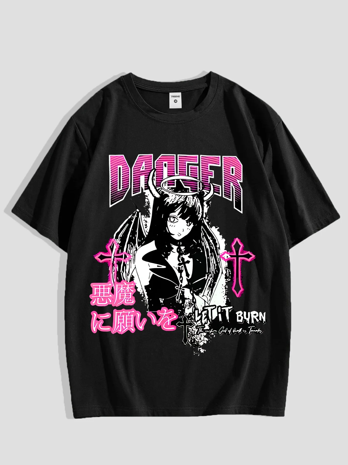 Camiseta DAGGER LET IT BURN con estampado de anime de chica ángel y demonio, cruz rosa y kanji japonés, para hombre y mujer, informal, de algodón, manga corta