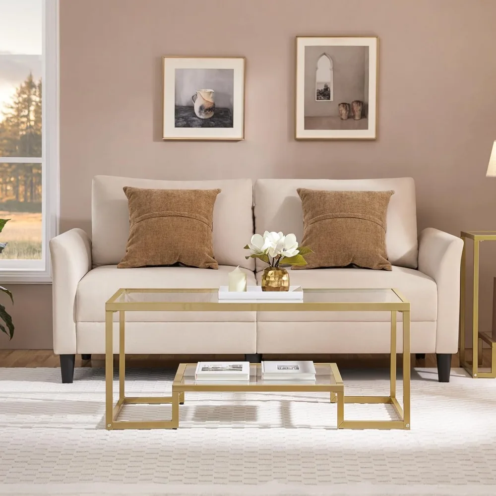 Rectangular Glass Coffee Table with Metal Frame for Living Room, 42 inches, 2-Tier Center Tea Table for Small Spaces