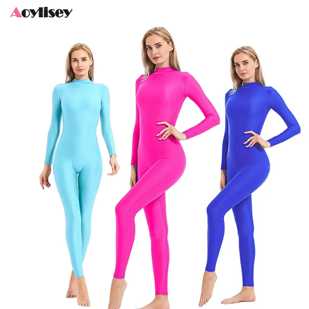 ชุดเต้นรำแขนยาวมีซิปด้านหลังคอเต่าชุดออกกำลังกายจั๊มสูทเสี้อกีฬาบัลเล่ต์ชุดเต็มตัวสำหรับผู้หญิงฟิตเนสโยคะออกกำลังกาย