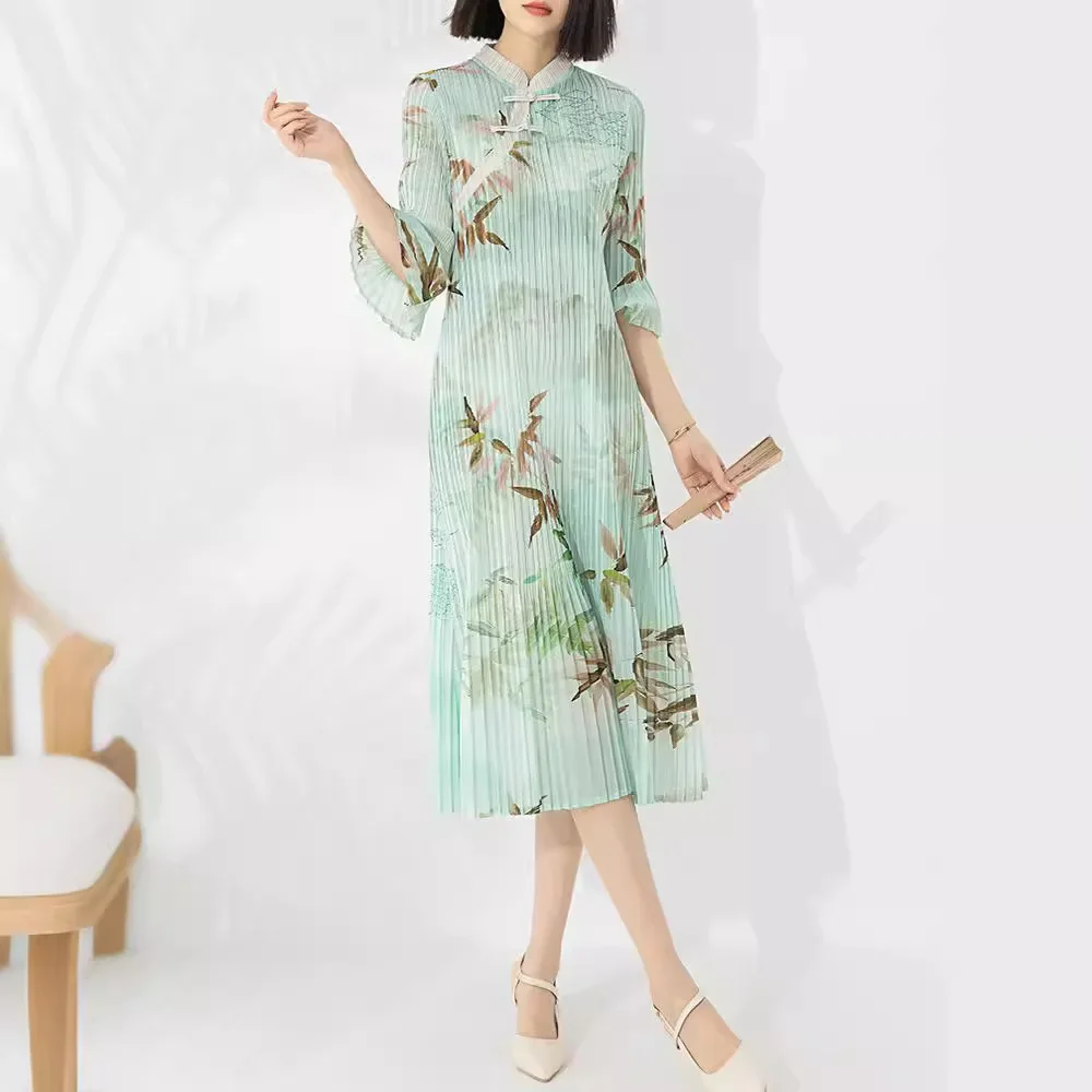 Pleats Original Pleated Retro Printing Cheongsam Paragraph Dress Women 2024 Spring New Flared Sleeves Collar Plate Dresses