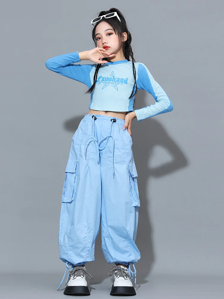 Mädchen Hip Hop Tanz Kostüm Kinder Blau Ärmelloses Top Jogger Hosen Kinder Jazz Street Performance Kleidung Sets