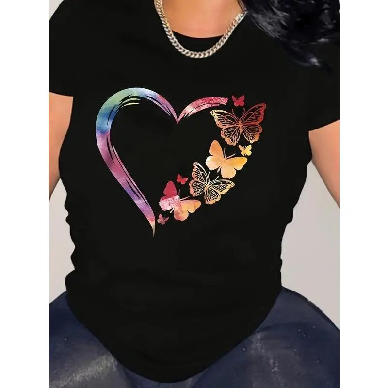 

Women's Butterfly Heart T-shirt Colorful Graphic Tee Watercolor Print Short Sleeve Casual Top