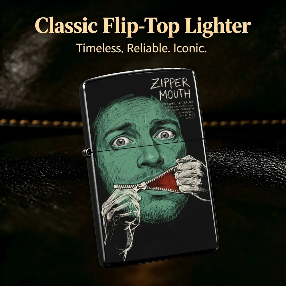 Pocket Lighter, Flip-Top Windproof Design, Metal Case with Zipper Print, Ergonomic Grip, Portable & Durable - Unique Style