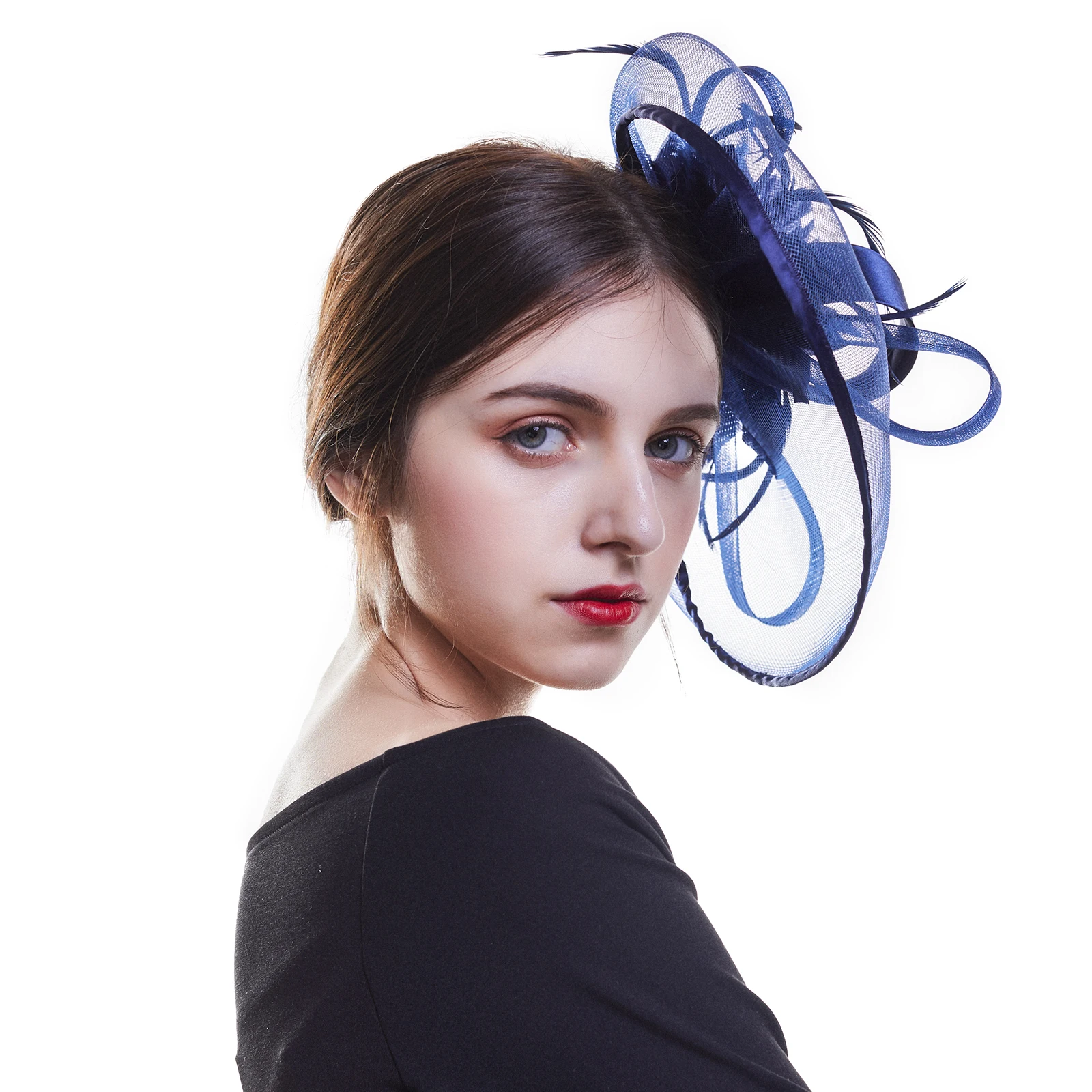 AWAYTR New Fashion imprezowa, koktajlowa czapka damska Sinamay Fascinator ślubna kościelna piórko kwiatowe włosy Fascinator opaska z kapeluszem