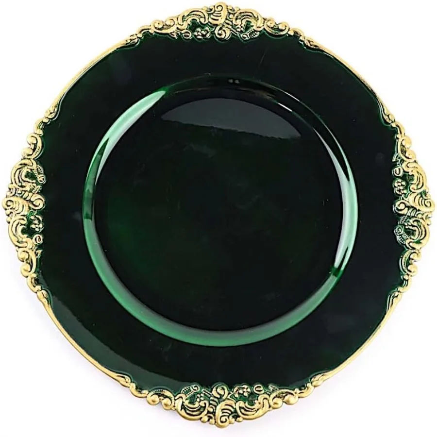 

24 pcs 13Inch Hunter Green Round Charger Plates with Decorative Embossed Rim Dinner Wedding Reception Decorations